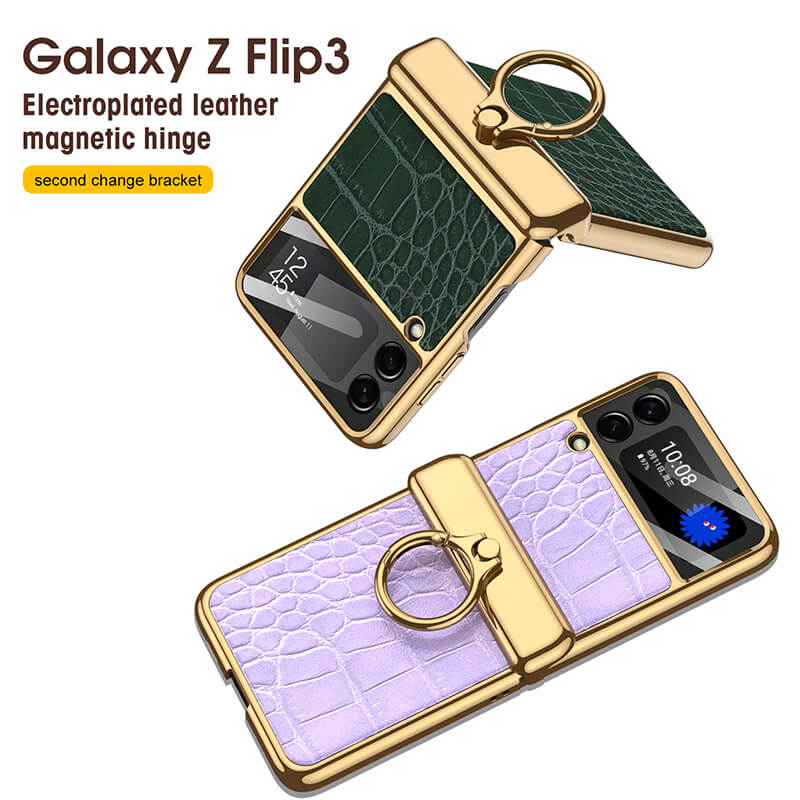 Electroplated Leather Magnetic Hinge Ring Holder Case For Samsung Galaxy Z Flip4 5G