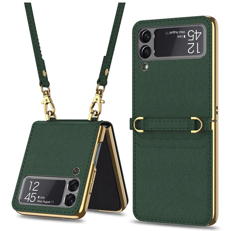 Textured Leather Strap Magnetic Fold Mirror Case For Samsung Galaxy Z Flip 3 5G