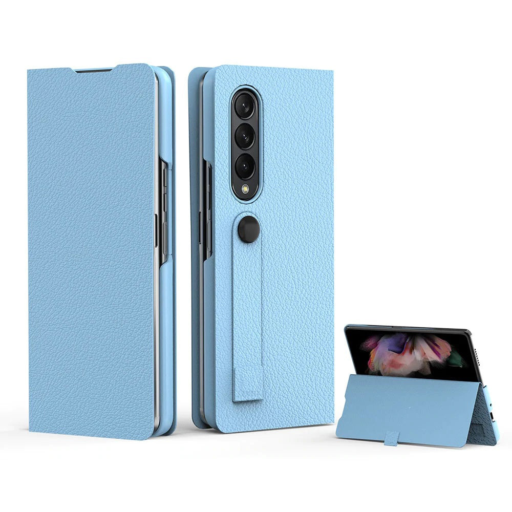 Pattern Leather For Samsung Galaxy Z Fold 3 5G Case With S Pen Holder Hand Grip Strap