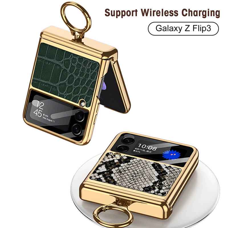 Electroplated Leather Magnetic Hinge Ring Holder Case For Samsung Galaxy Z Flip4 5G