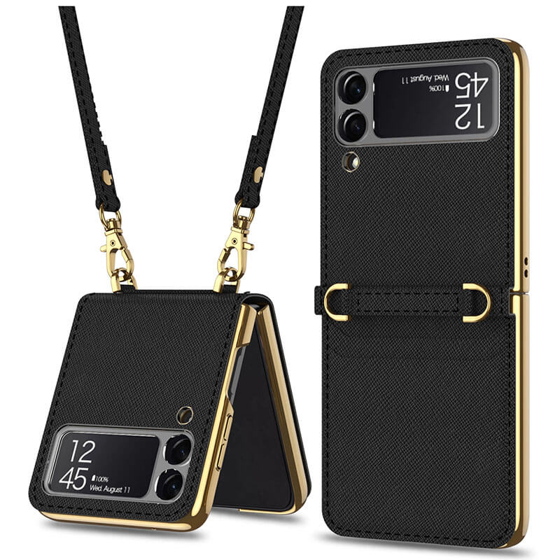 Textured Leather Strap Magnetic Fold Mirror Case For Samsung Galaxy Z Flip 3 5G