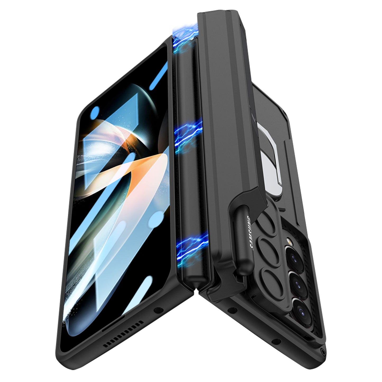 Magnetic Folding Armor Pen Slot Case For Samsung Galaxy Z Fold4 5G With Front Film and Kickstand