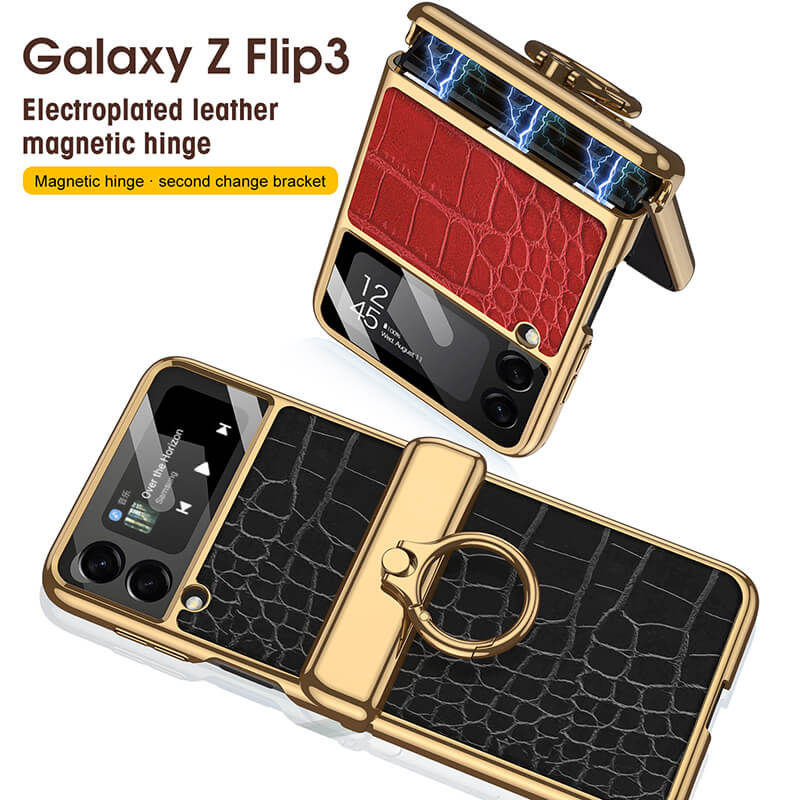 Electroplated Leather Magnetic Hinge Ring Holder Case For Samsung Galaxy Z Flip4 5G