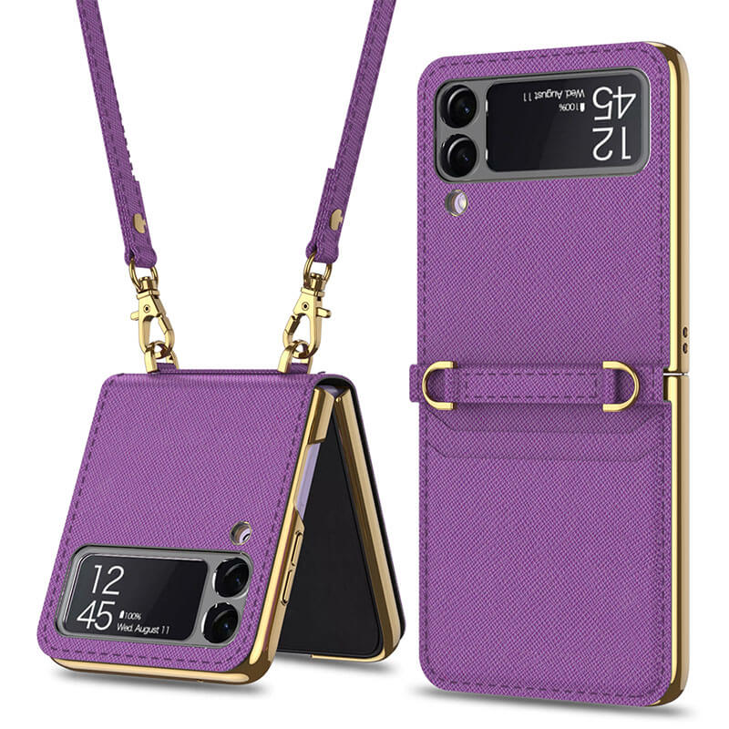 Textured Leather Strap Magnetic Fold Mirror Case For Samsung Galaxy Z Flip 3 5G