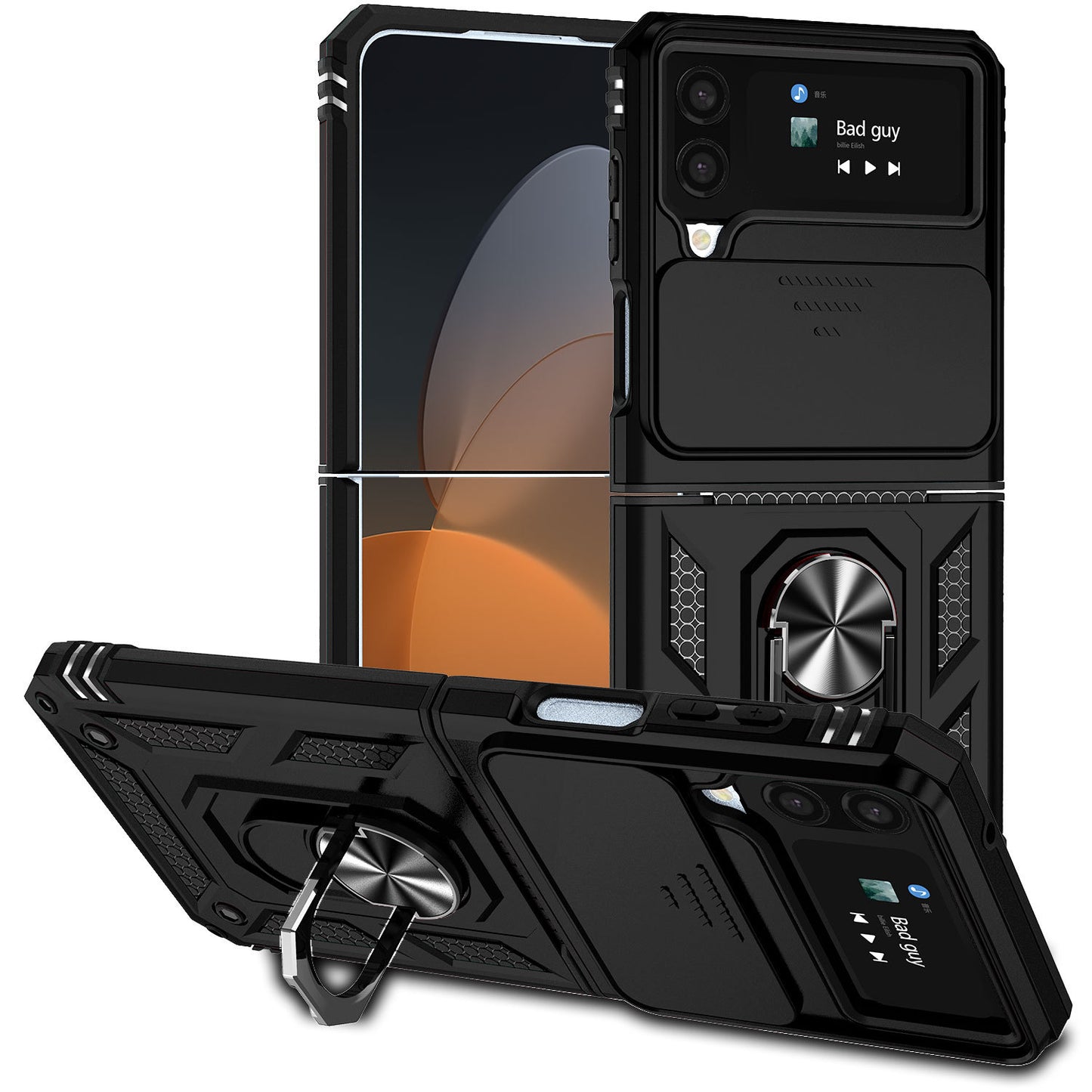 Samsung Galaxy Z Flip4 Heavy Duty Shockproof Cam Shield Armor Case with Kickstand Ring Holder