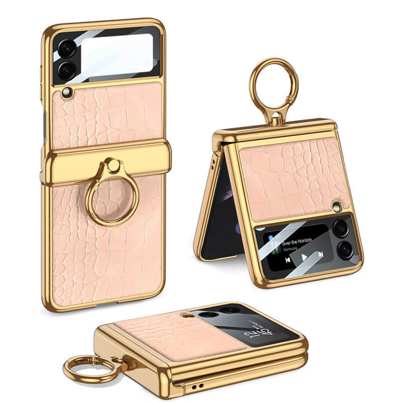 Electroplated Leather Magnetic Hinge Ring Holder Case For Samsung Galaxy Z Flip4 5G