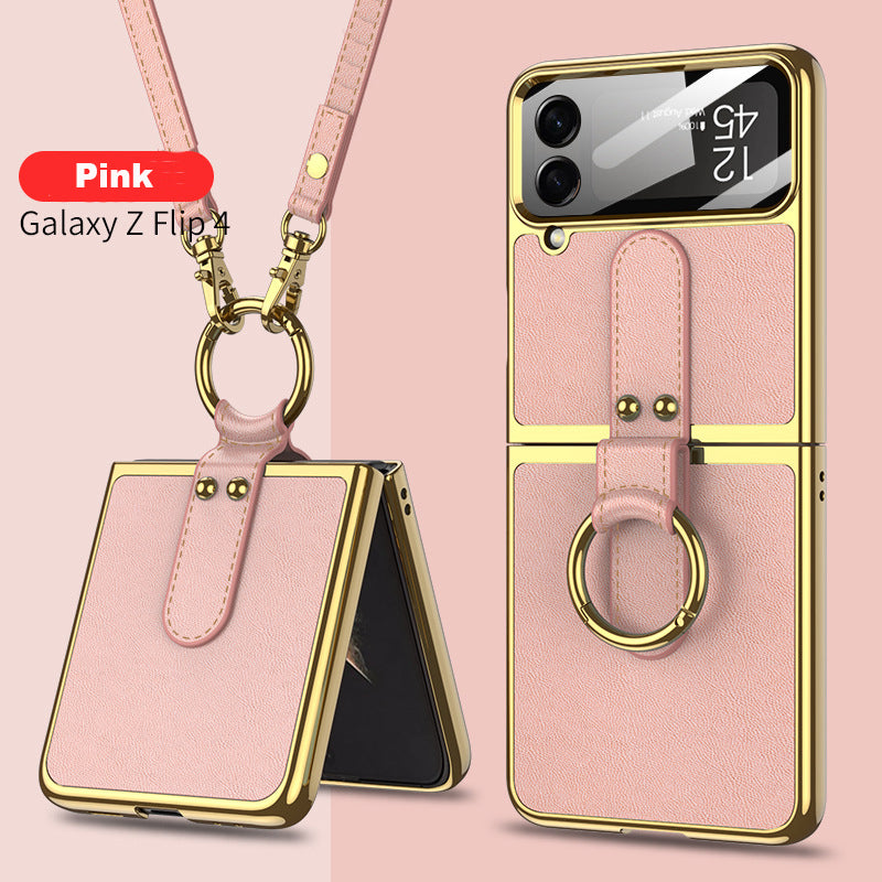 Leather Back Screen Tempered Glass Hard Frame Case For Samsung Galaxy Z Flip4 5G With Lanyard