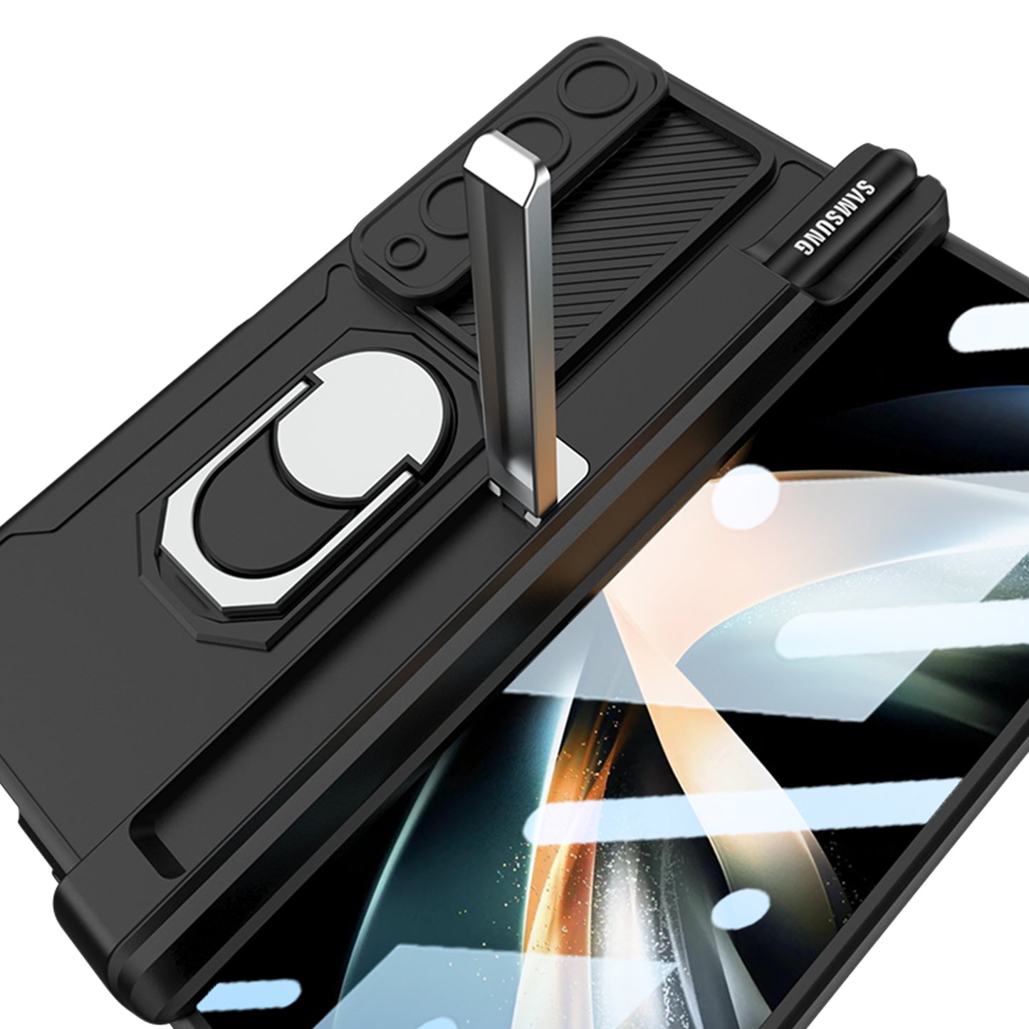 Magnetic Folding Armor Pen Slot Case For Samsung Galaxy Z Fold4 5G With Front Film and Kickstand