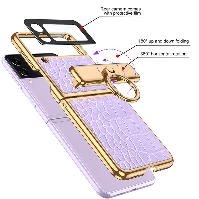Electroplated Leather Magnetic Hinge Ring Holder Case For Samsung Galaxy Z Flip4 5G