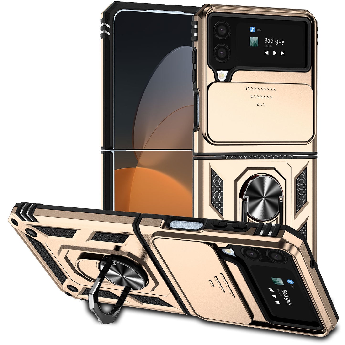 Samsung Galaxy Z Flip4 Heavy Duty Shockproof Cam Shield Armor Case with Kickstand Ring Holder