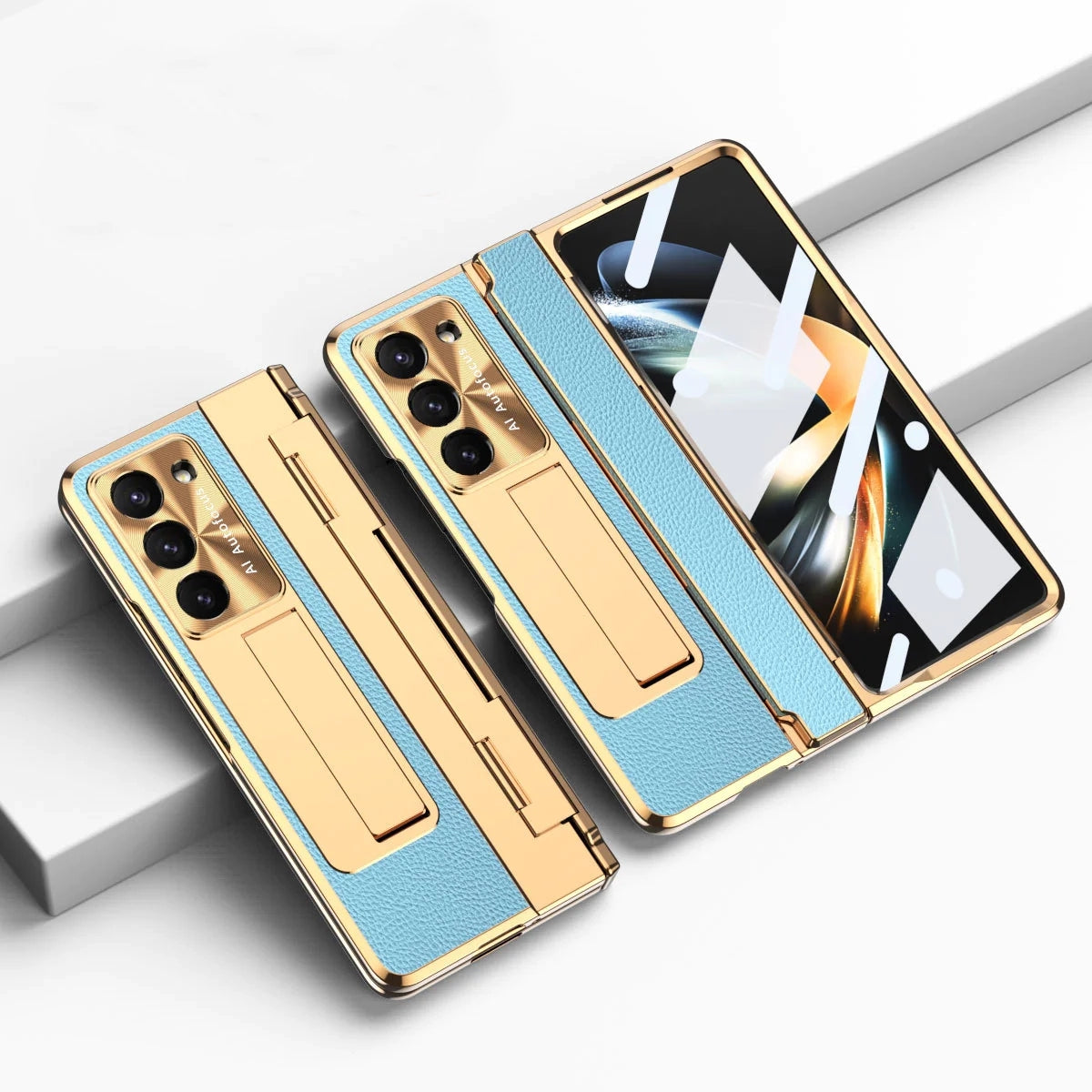 Plating Leather Galaxy Z Fold5 Case with Front Screen Protector & Flat Hinge Protection & Hidden Stand