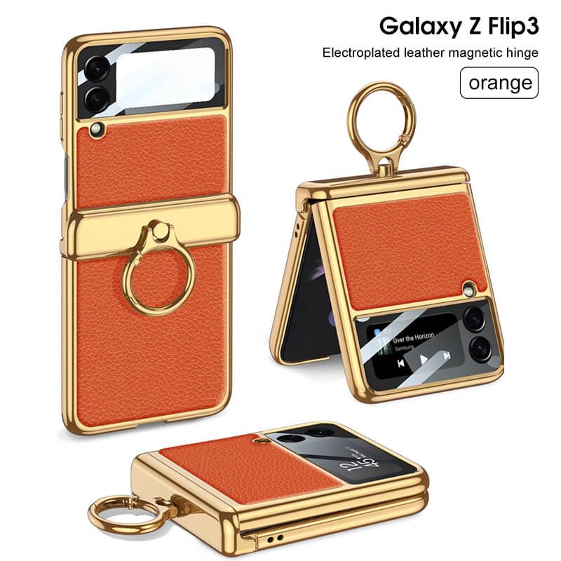 Electroplated Leather Magnetic Hinge Ring Holder Case For Samsung Galaxy Z Flip4 5G