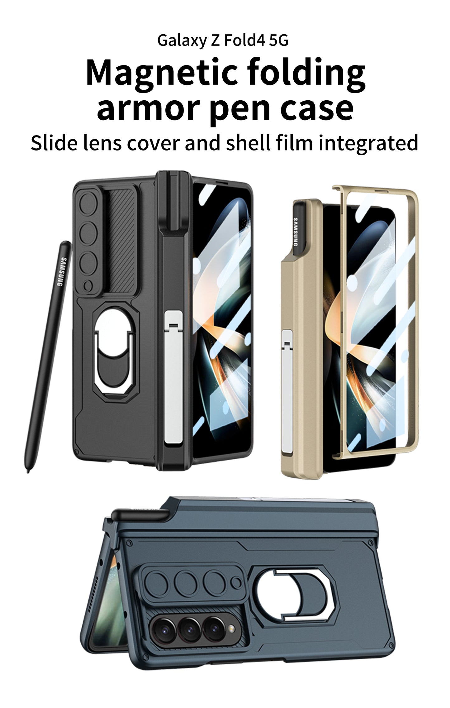 Full Protection Samsung Galaxy Z Fold4 5G Case with S pen Slot Camera Lens Protector and Stand