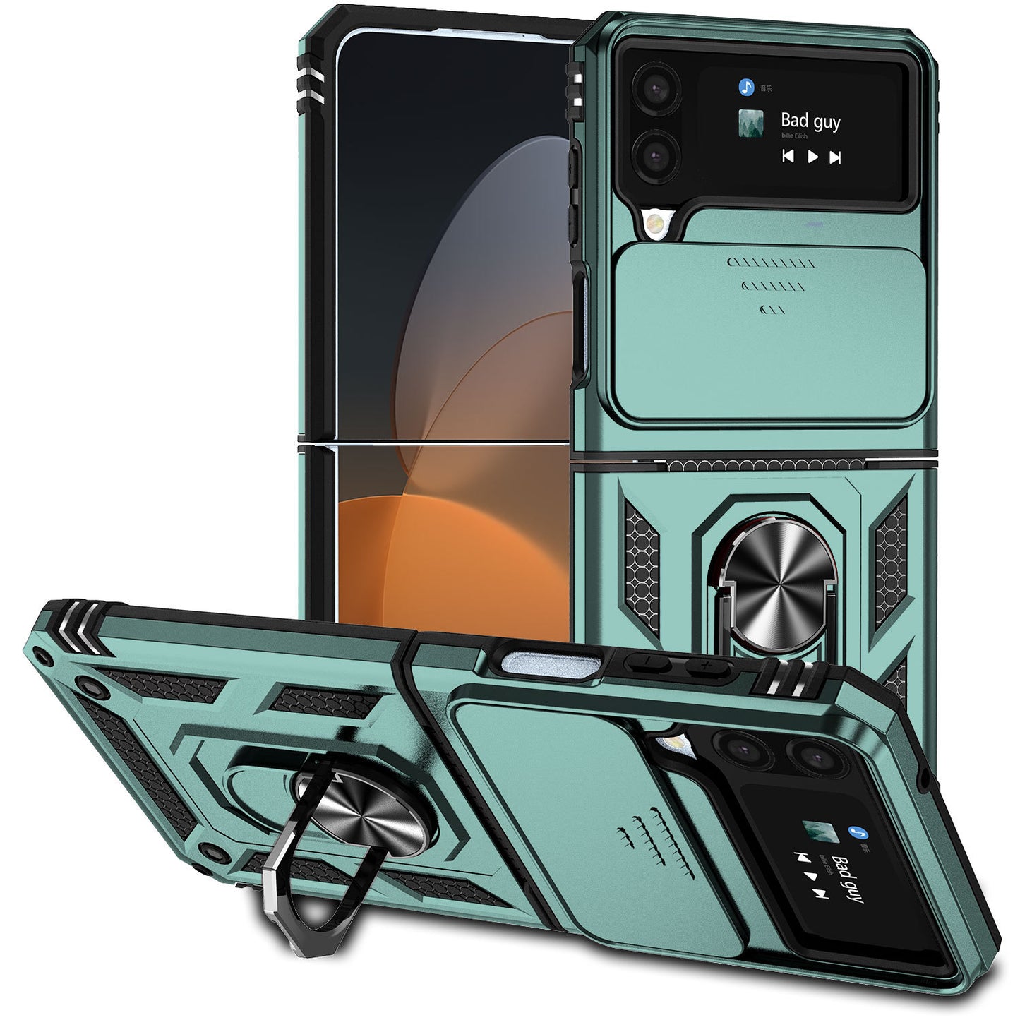 Samsung Galaxy Z Flip4 Heavy Duty Shockproof Cam Shield Armor Case with Kickstand Ring Holder
