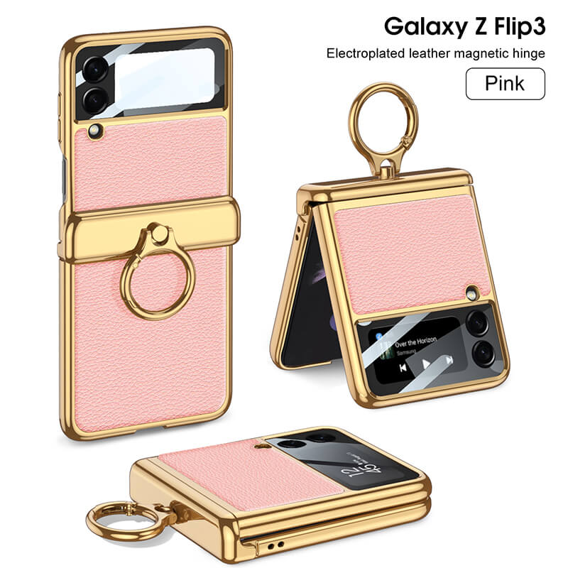 Electroplated Leather Magnetic Hinge Ring Holder Case For Samsung Galaxy Z Flip4 5G