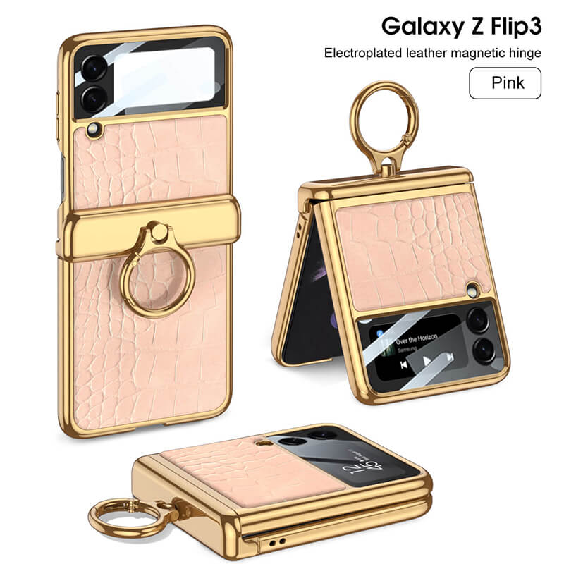 Electroplated Leather Magnetic Hinge Ring Holder Case For Samsung Galaxy Z Flip4 5G