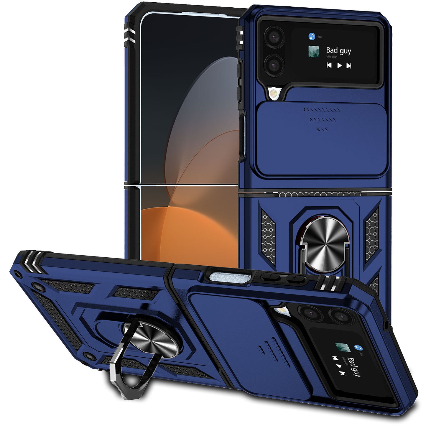 Samsung Galaxy Z Flip4 Heavy Duty Shockproof Cam Shield Armor Case with Kickstand Ring Holder
