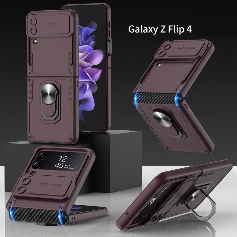 Armor Shockproof Bracket Case For Samsung Galaxy Z Flip4 5G With Ring Holder and Lens Slide Protector