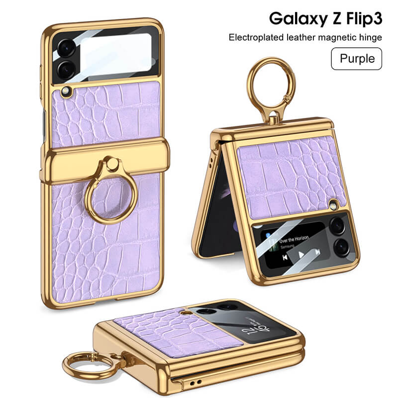 Electroplated Leather Magnetic Hinge Ring Holder Case For Samsung Galaxy Z Flip4 5G
