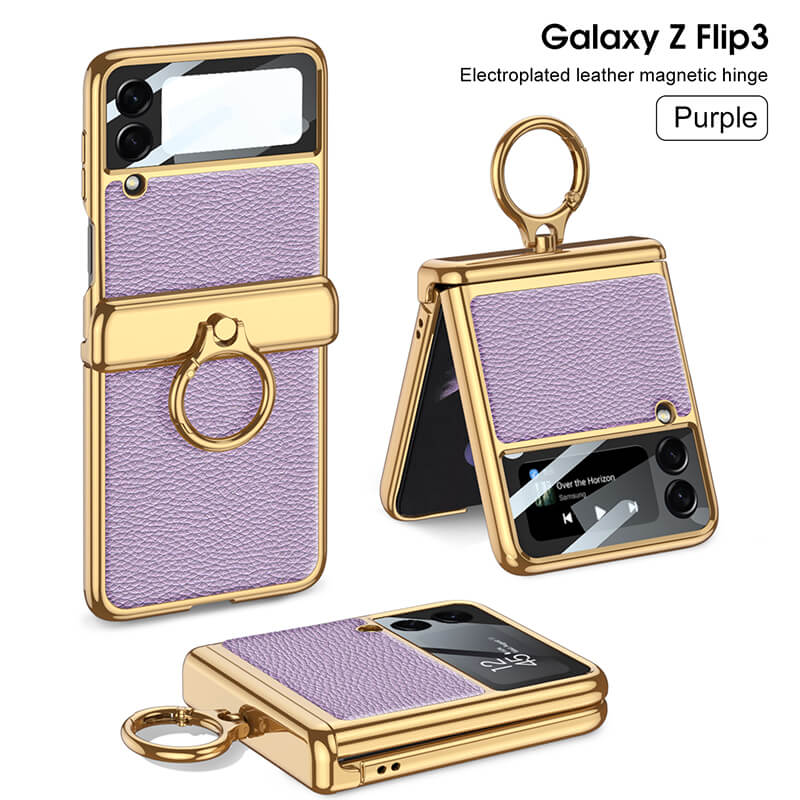 Electroplated Leather Magnetic Hinge Ring Holder Case For Samsung Galaxy Z Flip4 5G