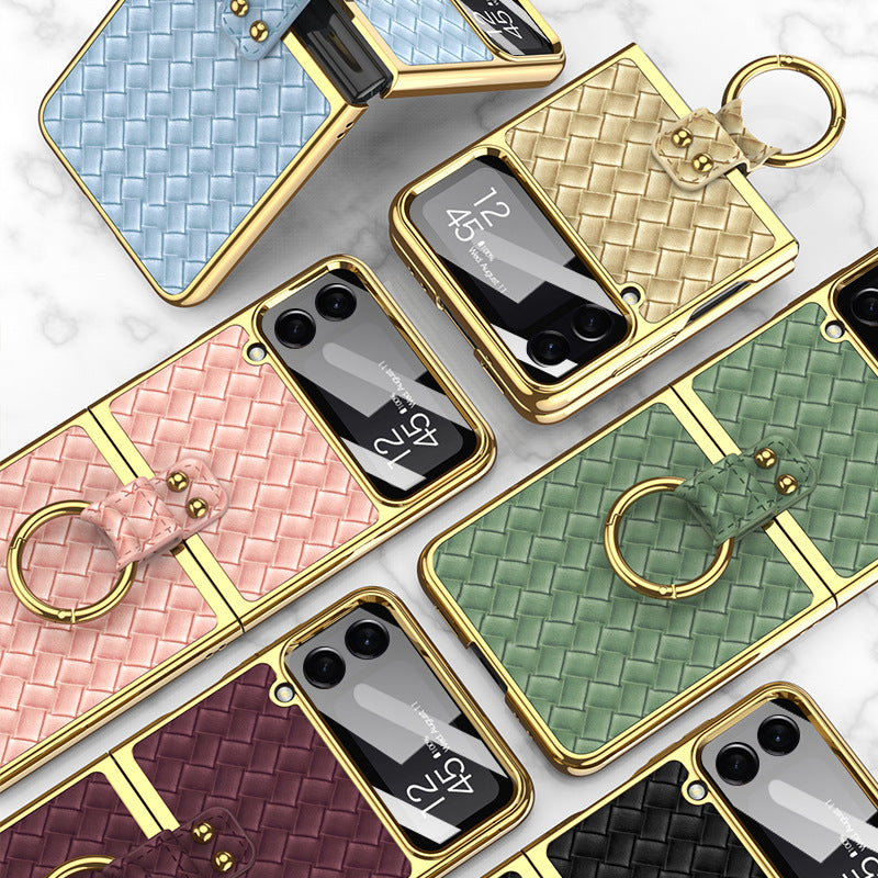 Leather Weaving Case For Samsung Galaxy Z Flip4 5G With Back Screen Protector And Ring Holder