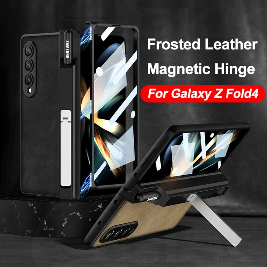 Magnetic Hinge Matte Leather Hard Case For Samsung Galaxy Z Fold 4 5G Cover Front Tempered Glass