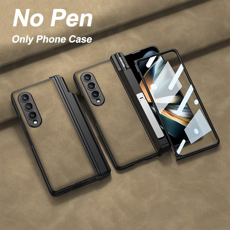 Magnetic Hinge Matte Leather Hard Case For Samsung Galaxy Z Fold 4 5G Cover Front Tempered Glass
