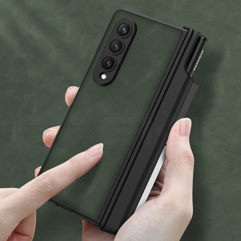 Magnetic Hinge Matte Leather Hard Case For Samsung Galaxy Z Fold 4 5G Cover Front Tempered Glass