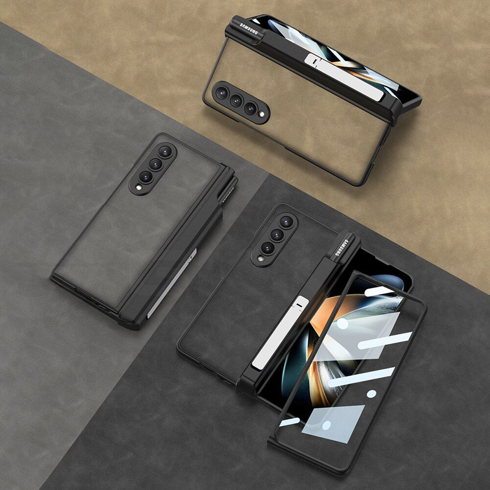 Magnetic Hinge Matte Leather Hard Case For Samsung Galaxy Z Fold 4 5G Cover Front Tempered Glass