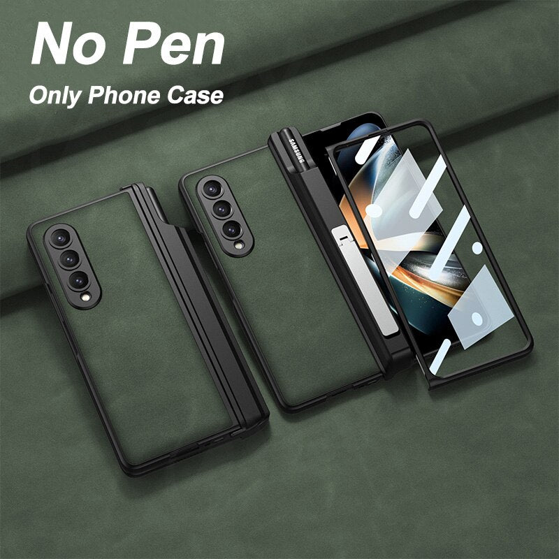 Magnetic Hinge Matte Leather Hard Case For Samsung Galaxy Z Fold 4 5G Cover Front Tempered Glass