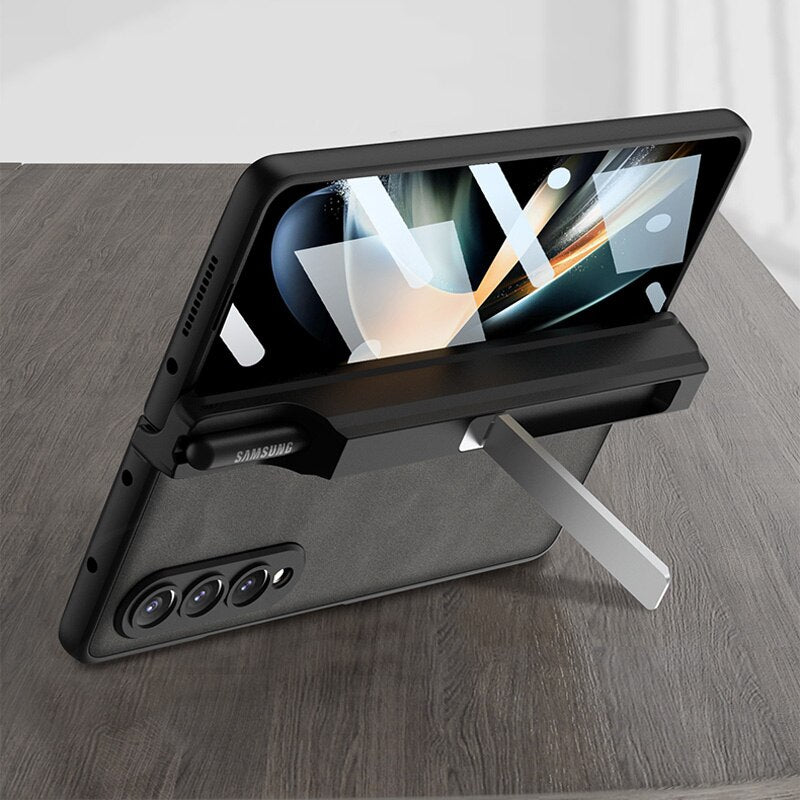 Magnetic Hinge Matte Leather Hard Case For Samsung Galaxy Z Fold 4 5G Cover Front Tempered Glass