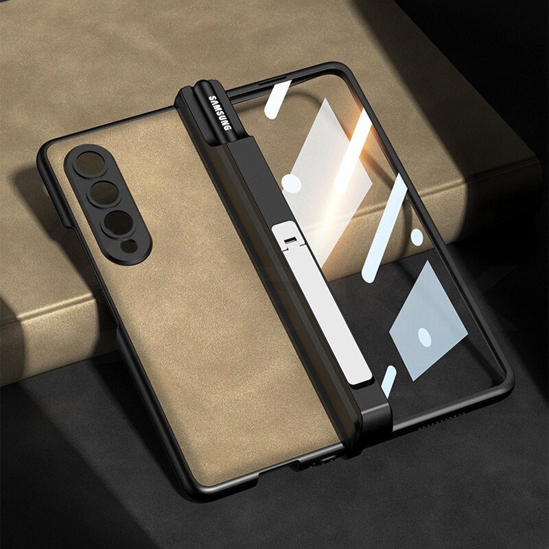 Magnetic Hinge Matte Leather Hard Case For Samsung Galaxy Z Fold 4 5G Cover Front Tempered Glass