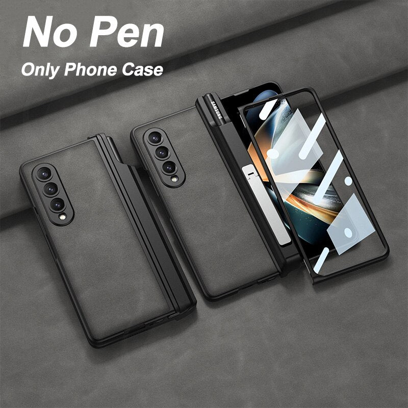 Magnetic Hinge Matte Leather Hard Case For Samsung Galaxy Z Fold 4 5G Cover Front Tempered Glass