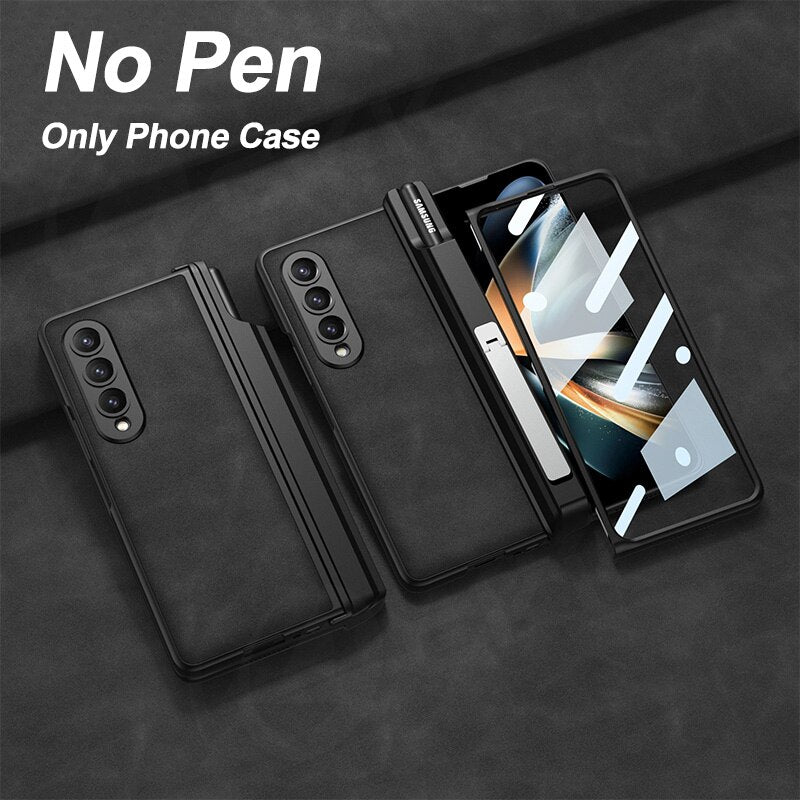 Magnetic Hinge Matte Leather Hard Case For Samsung Galaxy Z Fold 4 5G Cover Front Tempered Glass