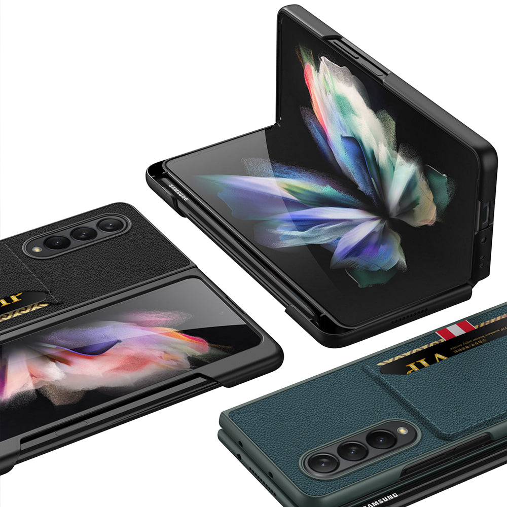 Leather Card Slot Phone Case For Samsung Galaxy Z Fold 3 5G Case With Pen Slot Edge Hard Cover For Samsung Z Fold 3