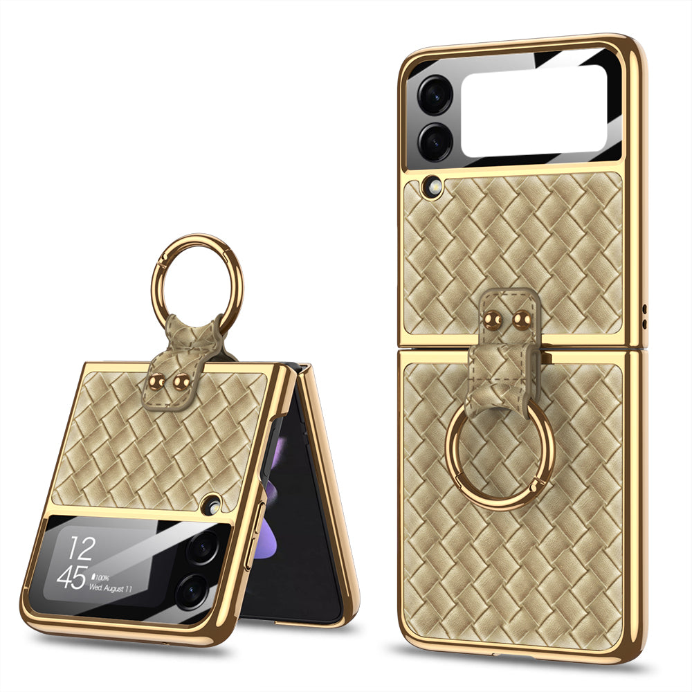 Plating Leather Weaving Case For Samsung Galaxy Z Flip 3 5G Case Back Screen Protector Hard Cover For Samsung Z Flip3