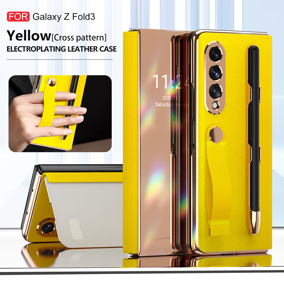 Electroplating Mirror Case For Samsung Galaxy Z Fold 3 5G Grip Hand Strap With S Pen Slot For Samsung W22 360 Full Protective
