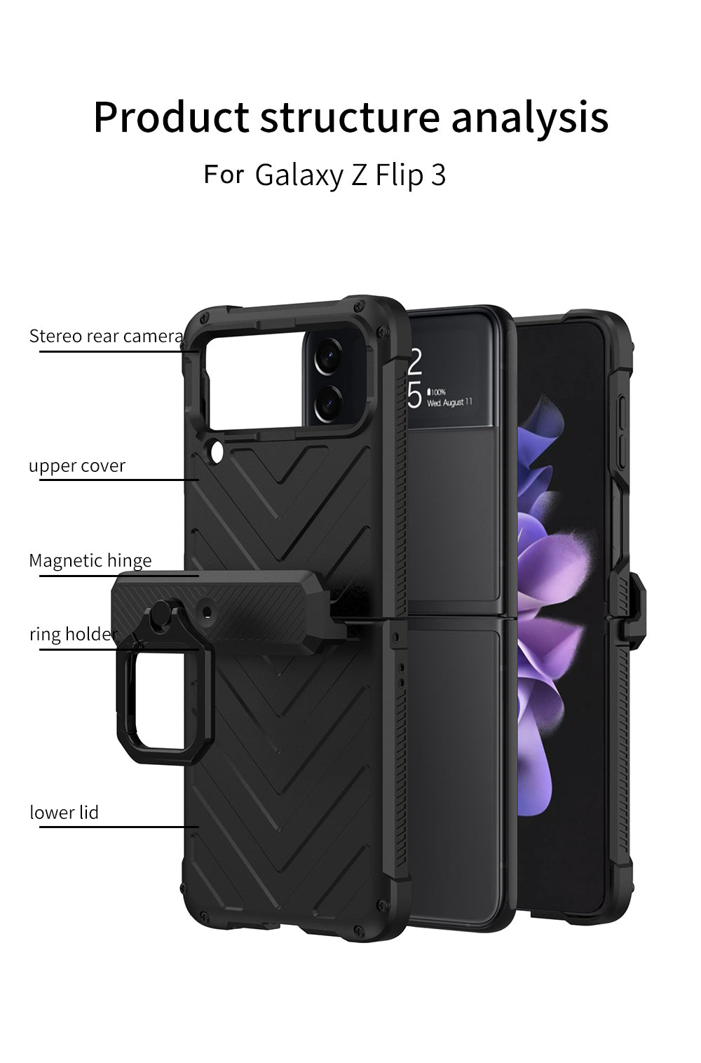 Magnetic Hinge Hard Armor Shockproof Case For Samsung Galaxy Z Flip 3 5G Case with Ring Holder Support Wireless Charging