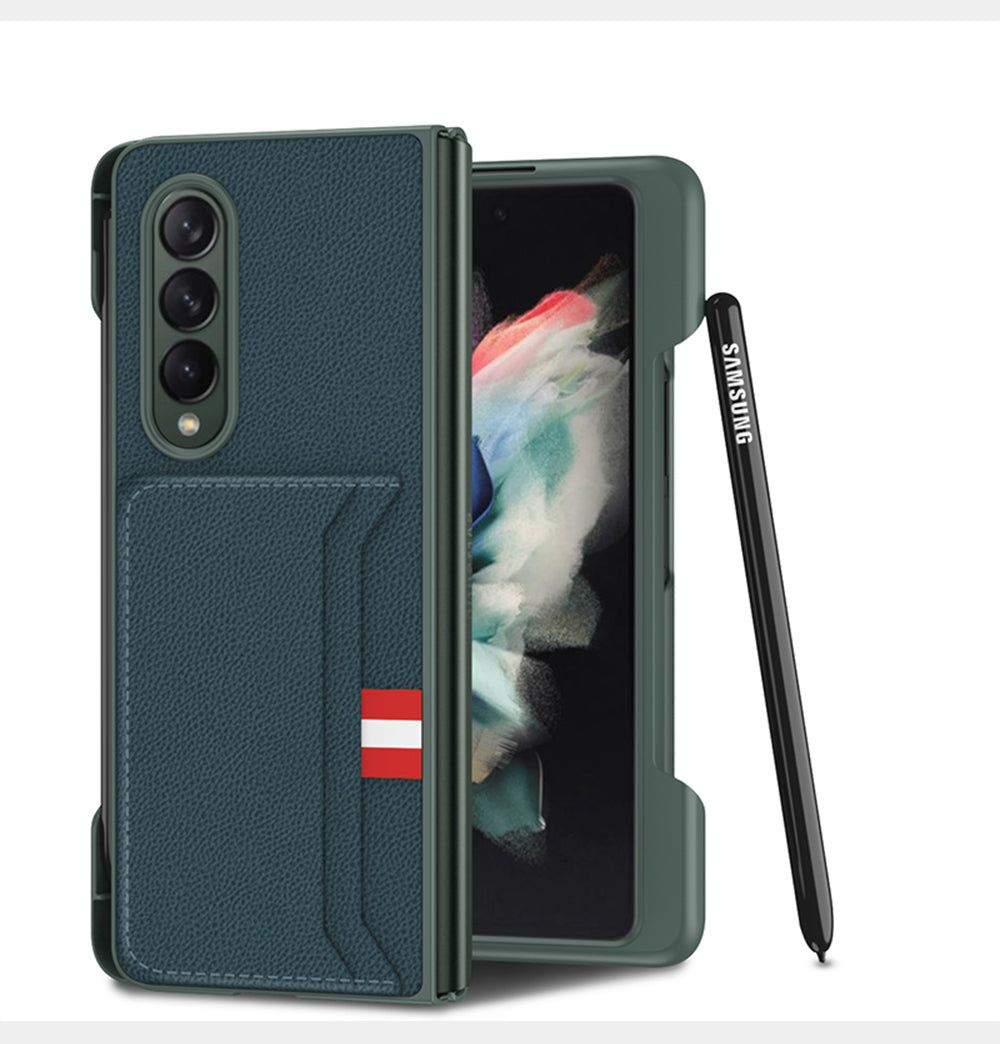 Leather Card Slot Phone Case For Samsung Galaxy Z Fold 3 5G Case With Pen Slot Edge Hard Cover For Samsung Z Fold 3