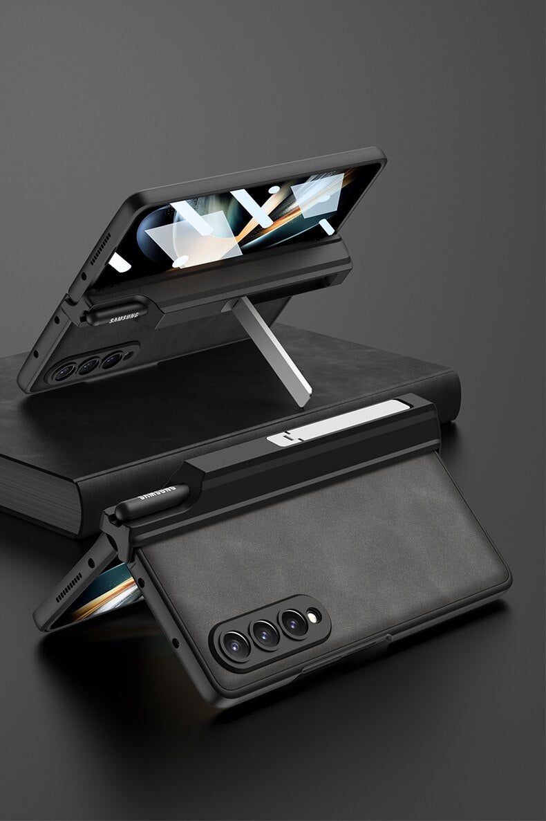 Magnetic Hinge Matte Leather Hard Case For Samsung Galaxy Z Fold 4 5G Cover Front Tempered Glass