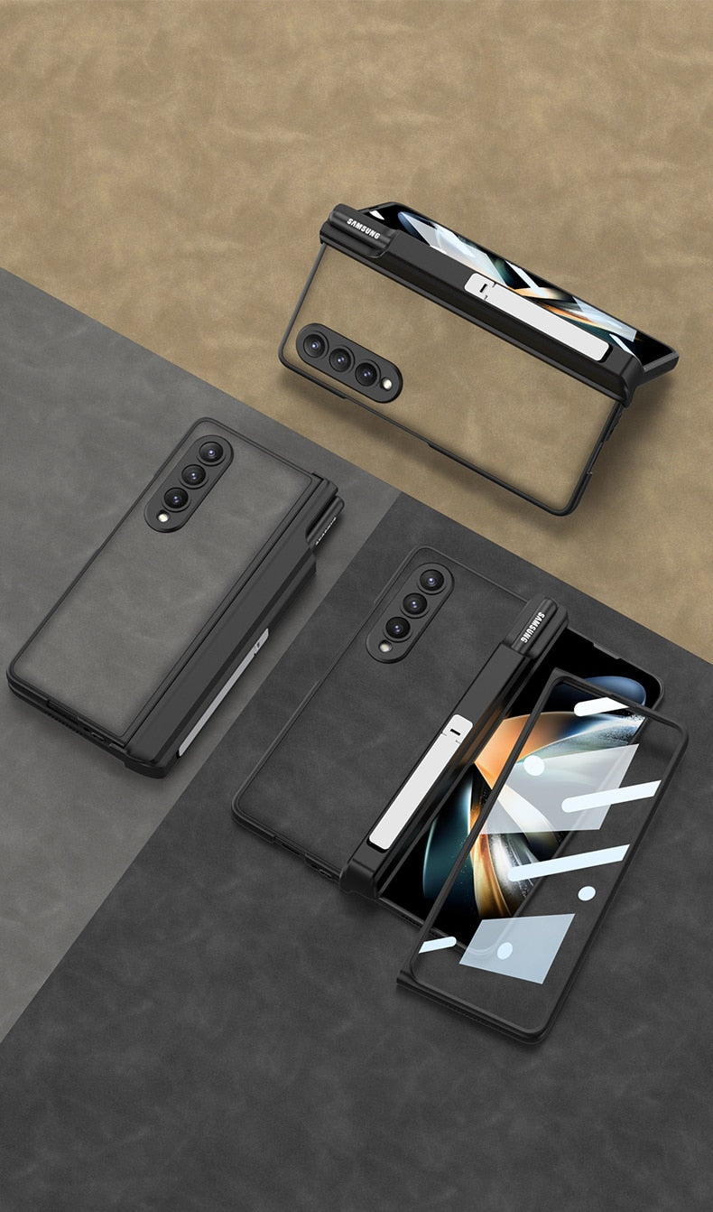 Magnetic Hinge Matte Leather Hard Case For Samsung Galaxy Z Fold 4 5G Cover Front Tempered Glass