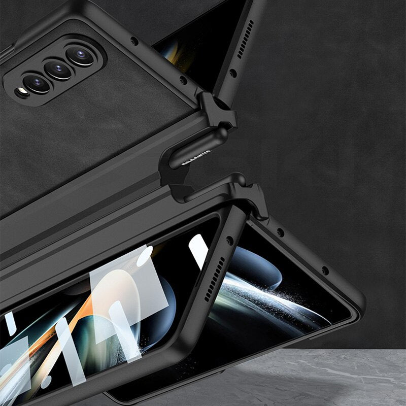 Magnetic Hinge Matte Leather Hard Case For Samsung Galaxy Z Fold 4 5G Cover Front Tempered Glass