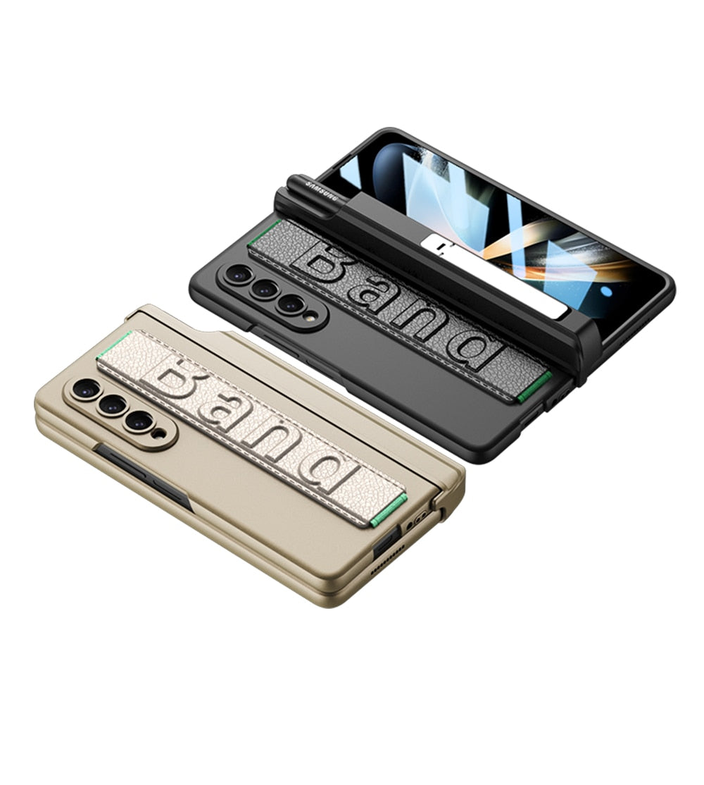 Magnetic Hinge Wrist Band Case For Samsung Galaxy Z Fold 4 5G Cover Pen Holder Screen Tempered Glass