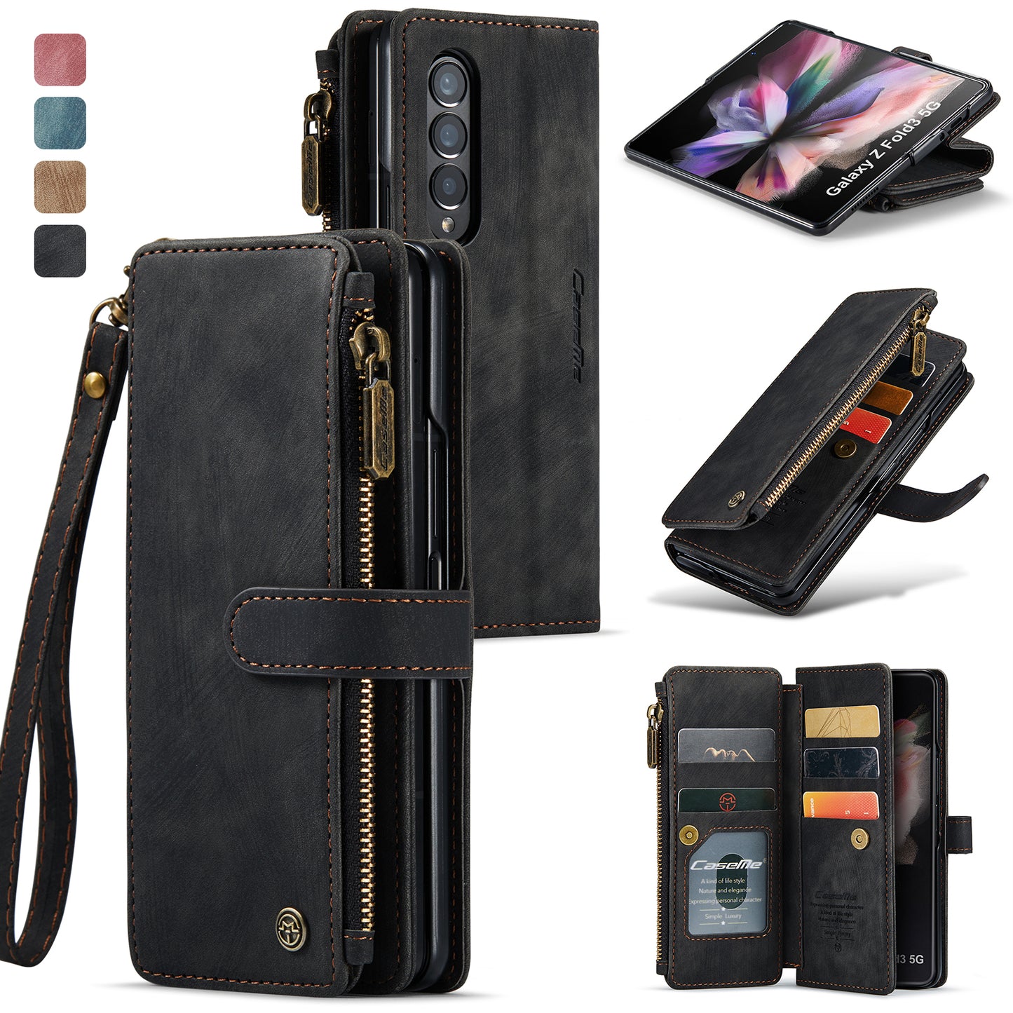Samsung Galaxy Z Fold4 5G Wallet Case With Lanyard Strap Wristlet Zipper Card Holder Case