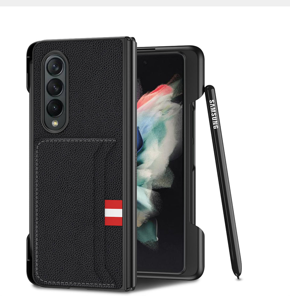 Leather Card Slot Phone Case For Samsung Galaxy Z Fold 3 5G Case With Pen Slot Edge Hard Cover For Samsung Z Fold 3