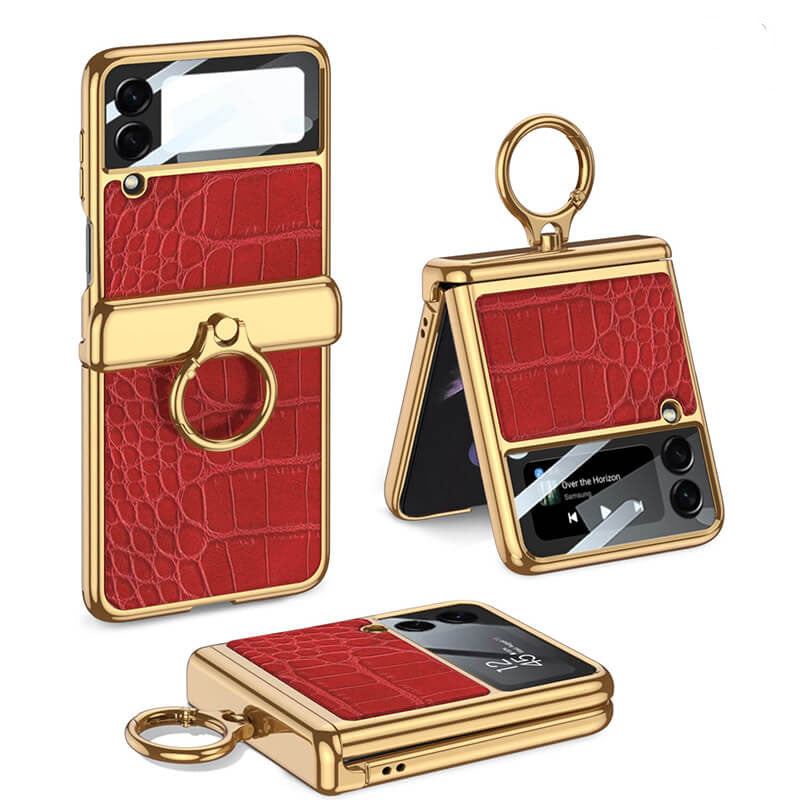 Electroplated Leather Magnetic Hinge Ring Holder Case For Samsung Galaxy Z Flip4 5G