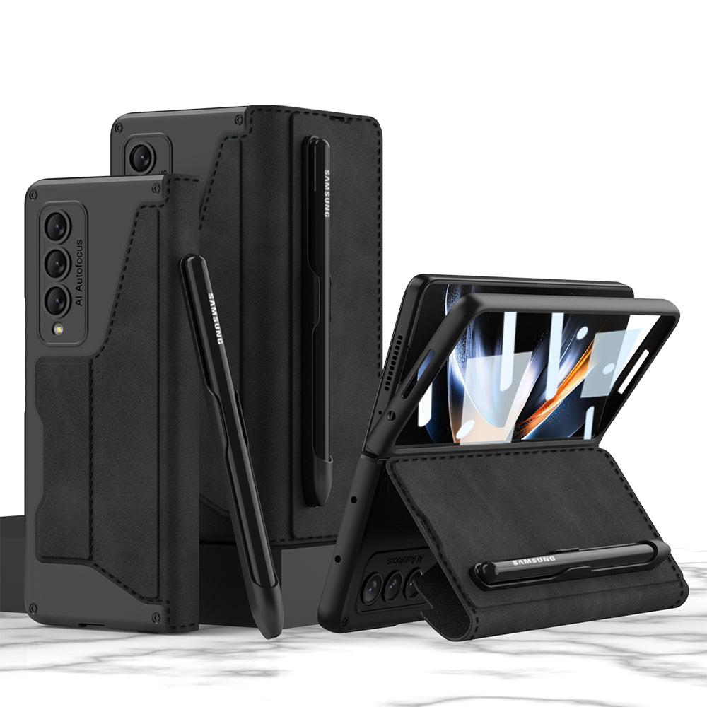 Leather Samsung Galaxy Z Fold4 5G Case Wallet Case With Detachable Velcro Pen Slot