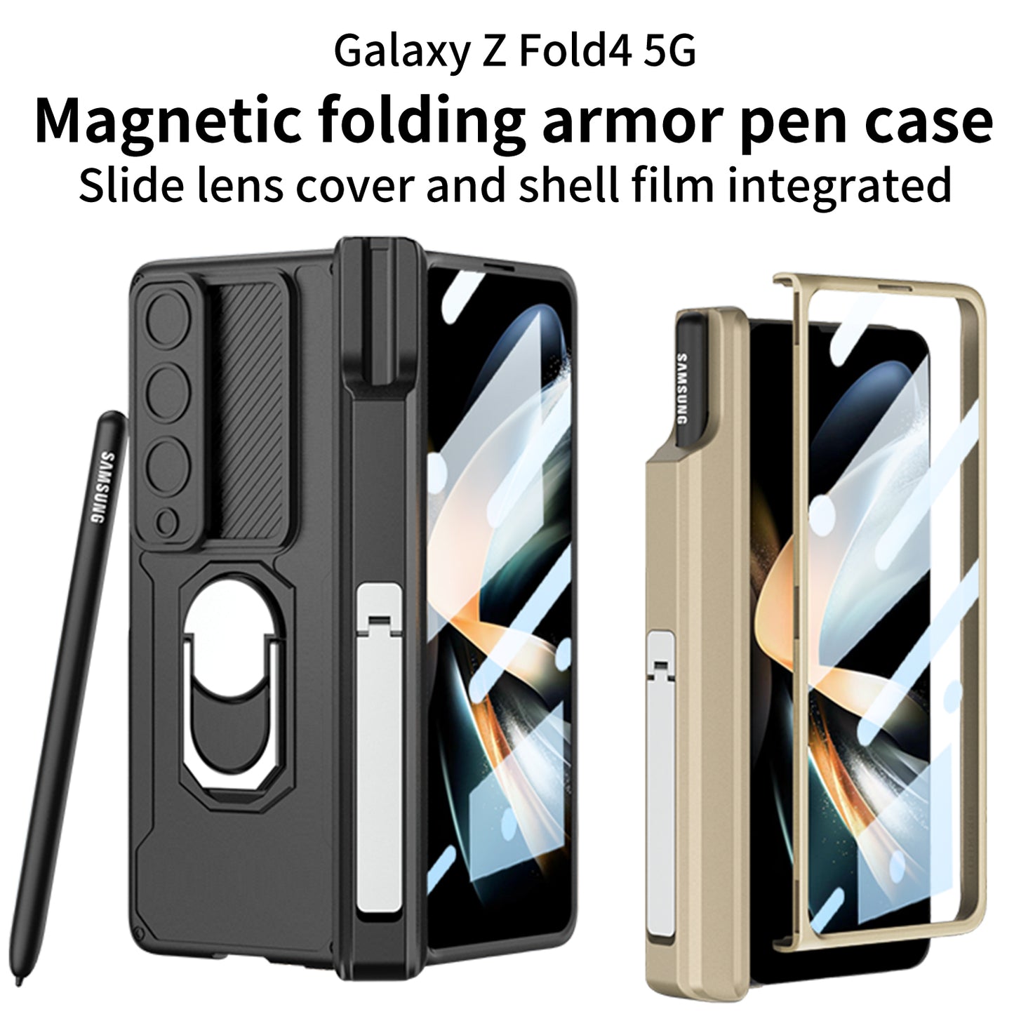 Magnetic Folding Armor Pen Slot Case For Samsung Galaxy Z Fold4 5G With Front Film and Kickstand