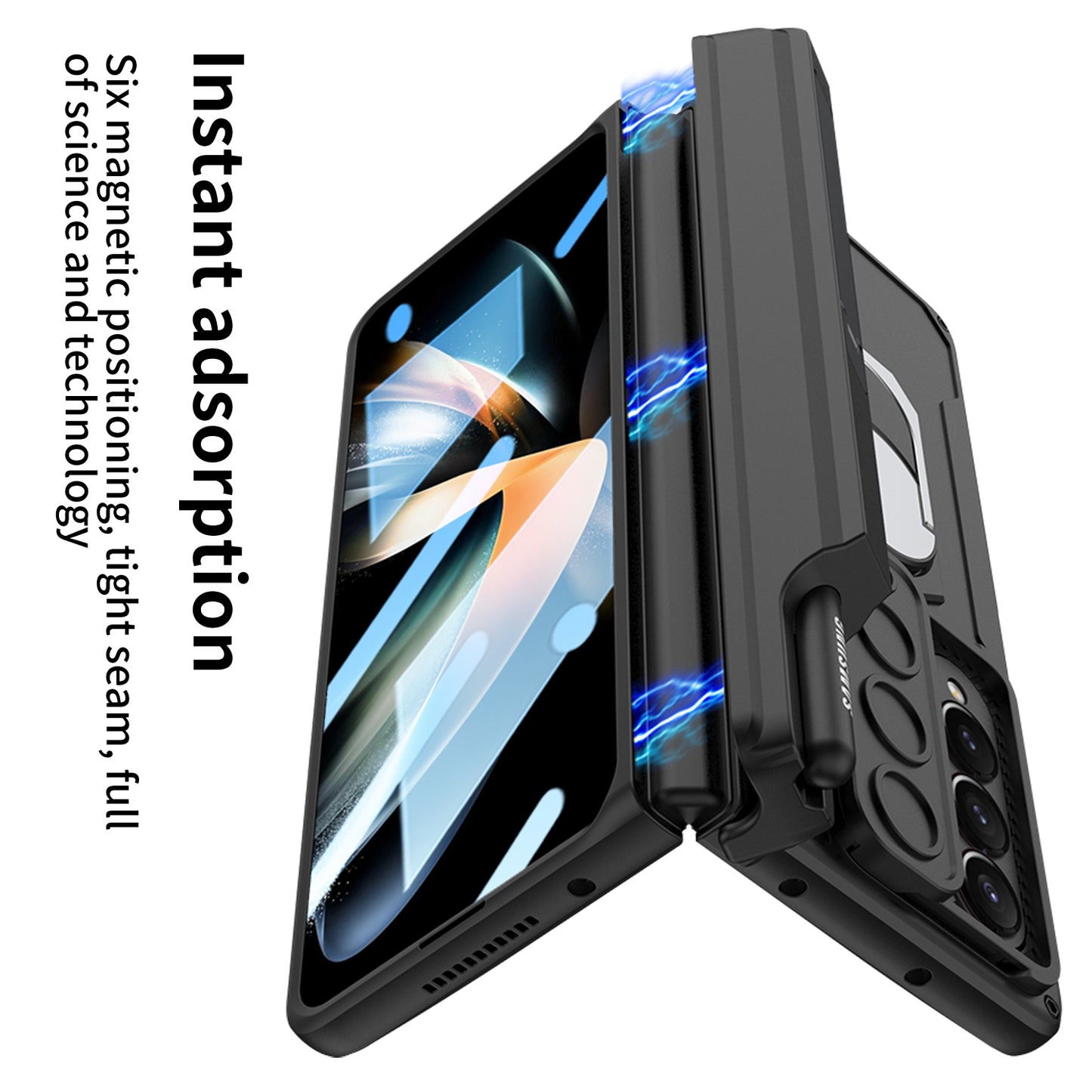 Magnetic Folding Armor Pen Slot Case For Samsung Galaxy Z Fold4 5G With Front Film and Kickstand