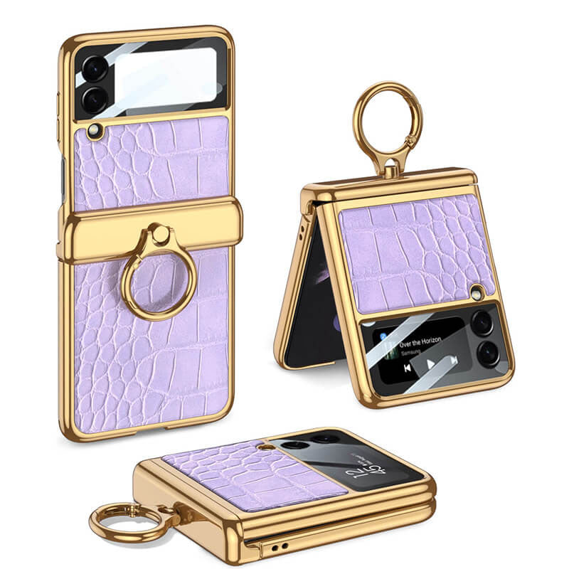Electroplated Leather Magnetic Hinge Ring Holder Case For Samsung Galaxy Z Flip4 5G